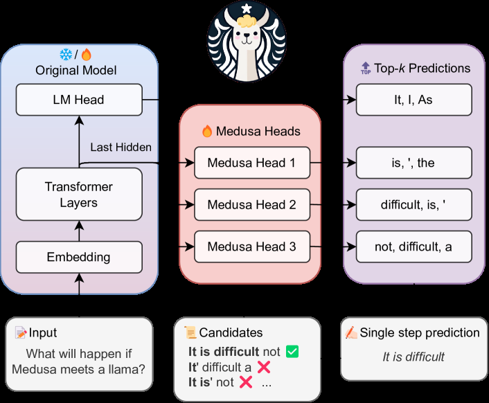 Medusa: Simple LLM Inference Acceleration Framework with Multiple Decoding Heads 原论文 Figure 1